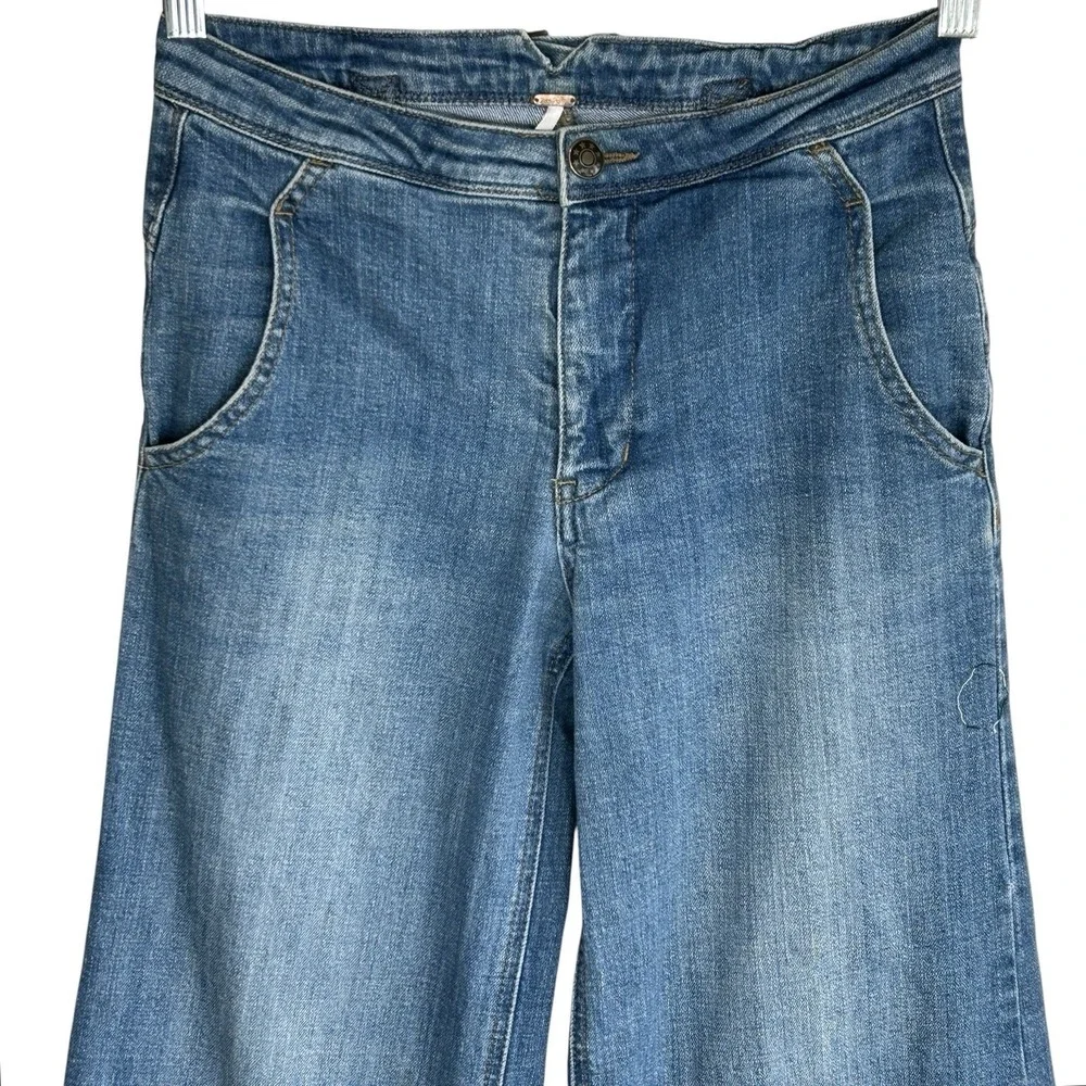 Free People Buckle Back Sailor Wide Leg Jeans 24 Boho Indie Retro Nautical Prepp